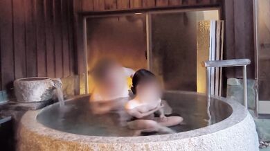Endurance sex in an open-air bath while wearing a black see-through dress