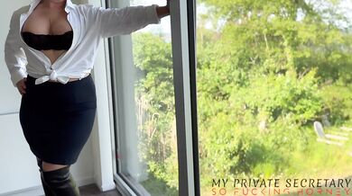 my private secretary in long over knee leather boots and red string bent over and fucke by the boss