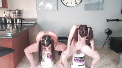 2 girls dildo squat fuck challenge