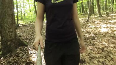 Stripping down while walking on a forest trail and playing with myself