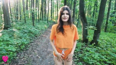 A hungry girl on a walk in the forest took a guy into the bushes so that he fed her with fresh sperm