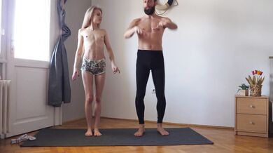 Workout yoga exercise together for the first time
