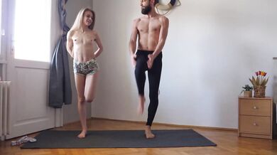 Workout yoga exercise together for the first time