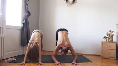 Workout yoga exercise together for the first time