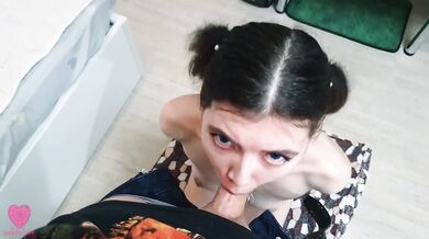 Deepthroat training for submissive depraved sex slave with hands and feet tied, cum in mouth smallow
