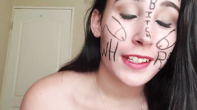 Self degrading slut gags herself and self face slapping with dirty talk