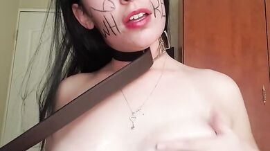 Self degrading slut gags herself and self face slapping with dirty talk