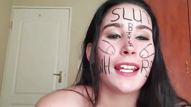 Self degrading slut gags herself and self face slapping with dirty talk