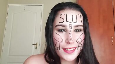Self degrading slut gags herself and self face slapping with dirty talk