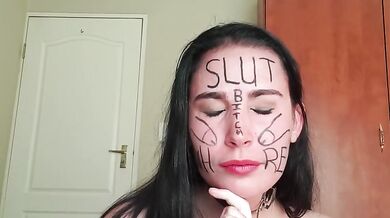 Self degrading slut gags herself and self face slapping with dirty talk