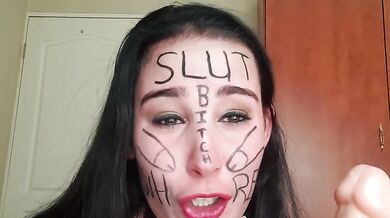 Self degrading slut gags herself and self face slapping with dirty talk