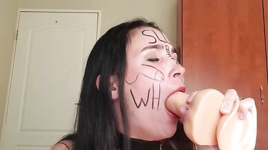 Self degrading slut gags herself and self face slapping with dirty talk