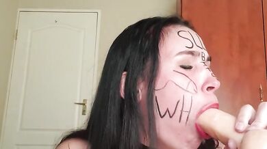 Self degrading slut gags herself and self face slapping with dirty talk