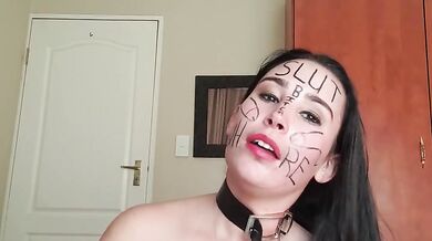 Self degrading slut gags herself and self face slapping with dirty talk