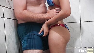 Dry humping in wet clothes, handjob cum in pants in the shower