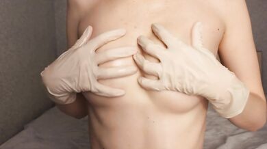 OILED TITS MASSAGED IN MEDICAL LATEX GLOVES SMALL TITS FETISH NIPPLES CLOSE UP