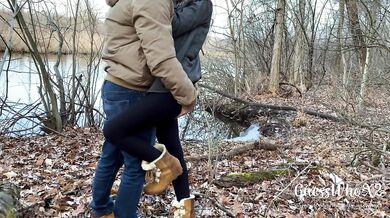 Small tits teen creampie at park, risky public outdoor sex almost caught—4K