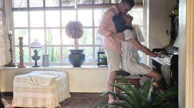 Bourgeoise in a white dress plays the piano and wants sex but their guests arrive, Naemyia