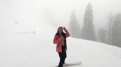 Exhibitionist skiing and naughty in the cable car
