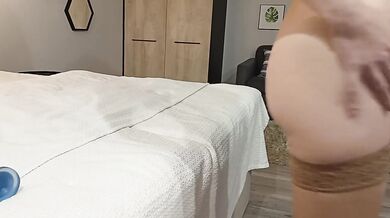 Hot petite brunette chick with big ass undresses for you, showing her hot body and rides a dildo