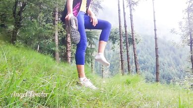 Fit girl spreading powerful pee stream in the forest - Angel Fowler