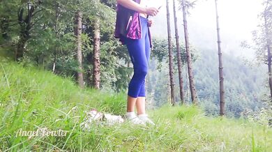 Fit girl spreading powerful pee stream in the forest - Angel Fowler