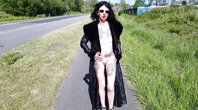 Slut Lucy Ravenblood walking nude at a public road