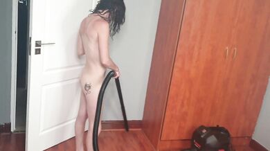 Skinny and small titted slut vacuuming her pussy