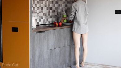 Passionate morning standing sex with petite redhead babe in the kitchen - Ruda Cat
