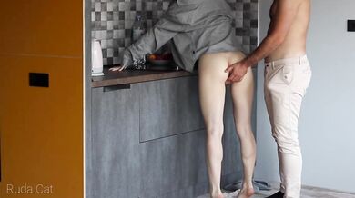 Passionate morning standing sex with petite redhead babe in the kitchen - Ruda Cat