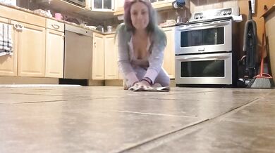 She cleans the floor and her clothes disappear! Jerk off and cum before she's done