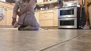 She cleans the floor and her clothes disappear! Jerk off and cum before she's done