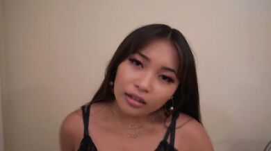 solo tiny asian girl strips in lingerie and plays with big dildo (is the dildo a girl?)