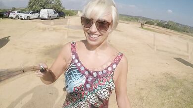 Squirt with orgasm on the way to the beach.