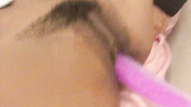 Ebony Teen Records Herself Fucking Hairy Pussy with Dildo
