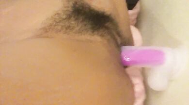 Ebony Teen Records Herself Fucking Hairy Pussy with Dildo