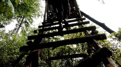Playing with my pussy on a deer stand in the forest