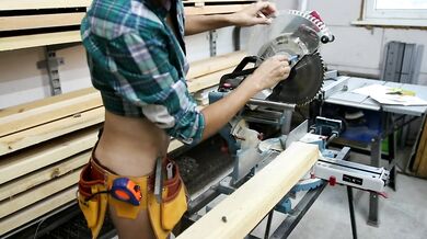 Sexy girl replace the blade on a Miter Saw - Hot woodworking part 1