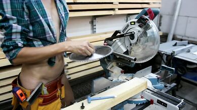 Sexy girl replace the blade on a Miter Saw - Hot woodworking part 1
