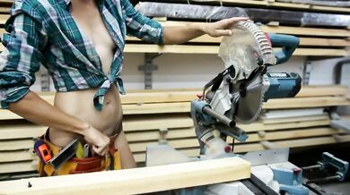 Sexy girl replace the blade on a Miter Saw - Hot woodworking part 1