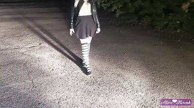 Russian Schoolgirl Decided To Masturbate Her Pussy At Night On The Street In The Light Of Headlights