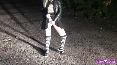 Russian Schoolgirl Decided To Masturbate Her Pussy At Night On The Street In The Light Of Headlights
