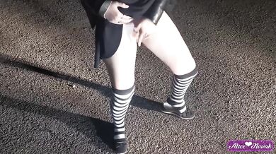 Russian Schoolgirl Decided To Masturbate Her Pussy At Night On The Street In The Light Of Headlights