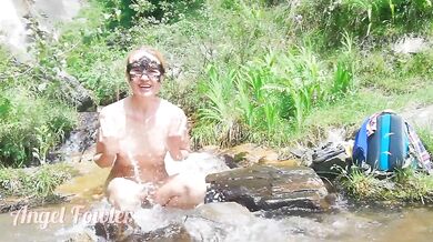 Skinny girl walks & gets naked to take shower in nature, almost caught - nude  Angel Fowler