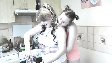 Women Day. Mature MILF and real virgin in short top T shirt without panties making cake kitchen for holiday. Girl on girl Kiss Lesbians Bisexual Sex