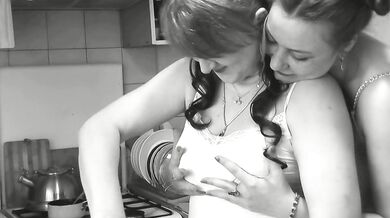 Women Day. Mature MILF and real virgin in short top T shirt without panties making cake kitchen for holiday. Girl on girl Kiss Lesbians Bisexual Sex