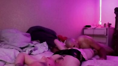 Romantic couple make love in bedroom, wife wears a leather corset and a hot miniskirt so she can ride, with POV view!