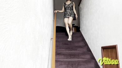 Latina in heels goes upstairs to have sex with her dress on