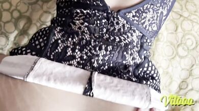 Latina in heels goes upstairs to have sex with her dress on