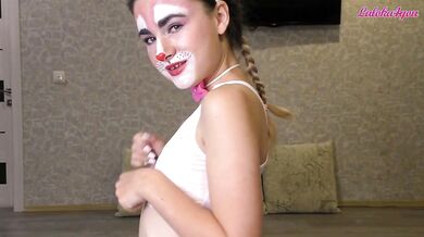 Snow-white bunny sucks close-up, plays with cum in her mouth and swallows cum